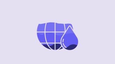 Blue Earth planet in water drop icon isolated on purple background. World globe. Saving water and world environmental protection. 4K Video motion graphic animation.