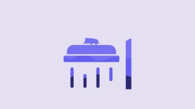 Blue Shower head with water drops flowing icon isolated on purple background. 4K Video motion graphic animation.