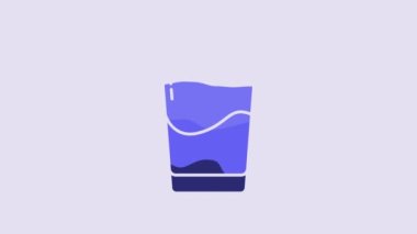 Blue Glass with water icon isolated on purple background. Soda glass. 4K Video motion graphic animation.
