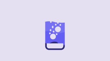 Blue Effervescent aspirin tablets dissolve in a glass of water icon isolated on purple background. 4K Video motion graphic animation.