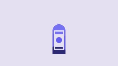 Blue Glass bottle of vodka icon isolated on purple background. 4K Video motion graphic animation.