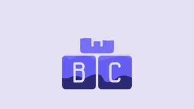 Blue ABC blocks icon isolated on purple background. Alphabet cubes with letters A,B,C. 4K Video motion graphic animation.