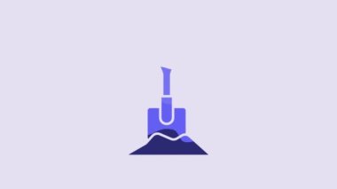 Blue Shovel in the ground icon isolated on purple background. Gardening tool. Tool for horticulture, agriculture, farming. 4K Video motion graphic animation.