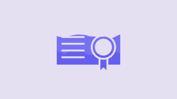 Blue Certificate Template Icon Isolated Purple Background Achievement Award Degree — Vídeo de Stock