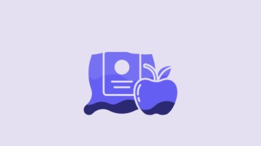 Blue Apple in the sack icon isolated on purple background. Apples in a canvas bag. Farmers market. 4K Video motion graphic animation.