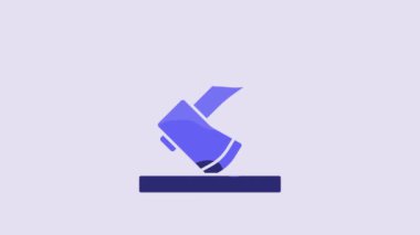 Blue Wooden axe icon isolated on purple background. Lumberjack axe. 4K Video motion graphic animation.