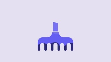 Blue Garden rake icon isolated on purple background. Tool for horticulture, agriculture, farming. Ground cultivator. 4K Video motion graphic animation.
