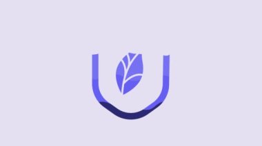 Blue Shield with leaf icon isolated on purple background. Eco-friendly security shield with leaf. 4K Video motion graphic animation.