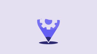 Blue Location with gear icon isolated on purple background. 4K Video motion graphic animation.