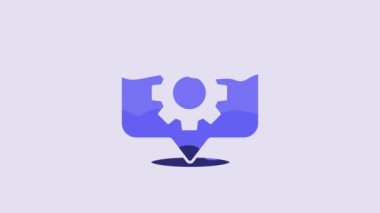 Blue Location with gear icon isolated on purple background. 4K Video motion graphic animation.