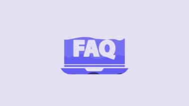 Blue Laptop and FAQ icon isolated on purple background. Adjusting, service, setting, maintenance, repair, fixing. 4K Video motion graphic animation.