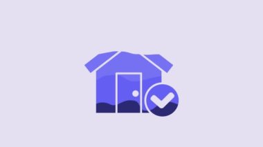 Blue House with check mark icon isolated on purple background. Real estate agency or cottage town elite class. 4K Video motion graphic animation.