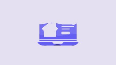 Blue Online real estate house on laptop icon isolated on purple background. Home loan concept, rent, buy, buying a property. 4K Video motion graphic animation.