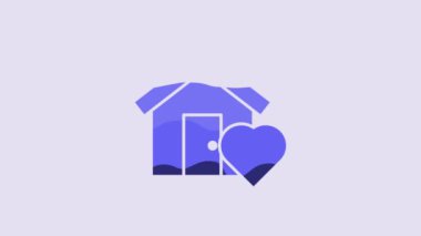 Blue House with heart shape icon isolated on purple background. Love home symbol. Family, real estate and realty. 4K Video motion graphic animation.