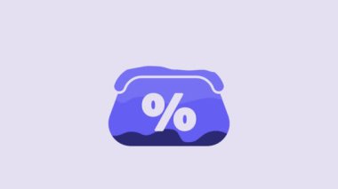 Blue Purse money percent icon isolated on purple background. Percent loyalty wallet sign. 4K Video motion graphic animation.