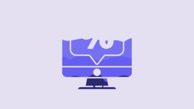 Blue Percent discount and monitor icon isolated on purple background. Sale percentage - price label, tag. 4K Video motion graphic animation.