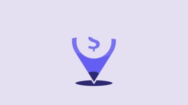 Blue Cash location pin icon isolated on purple background. Pointer and dollar symbol. Money location. Business and investment concept. 4K Video motion graphic animation.