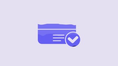 Mavi kredi kartı simgesi mor arkaplanda izole edildi. Çevrimiçi ödeme. Nakit çekilmesi. Finansal operasyonlar. Alışveriş tabelası. 4K Video hareketli grafik canlandırması.