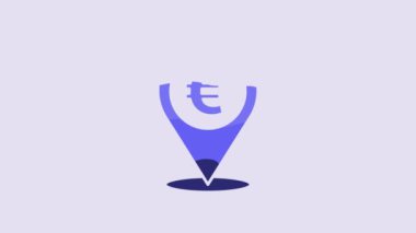 Blue Cash location pin icon isolated on purple background. Pointer and euro symbol. Money location. Business and investment concept. 4K Video motion graphic animation.