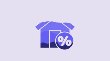 Blue House with percant discount tag icon isolated on purple background. House percentage sign price. Real estate home. 4K Video motion graphic animation.