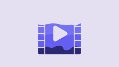 Blue Play Video icon isolated on purple background. Film strip with play sign. 4K Video motion graphic animation.
