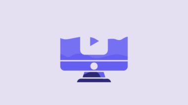 Blue Online play video icon isolated on purple background. Computer monitor and film strip with play sign. 4K Video motion graphic animation.