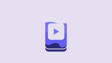 Blue Online play video icon isolated on purple background. Smartphone and film strip with play sign. 4K Video motion graphic animation.