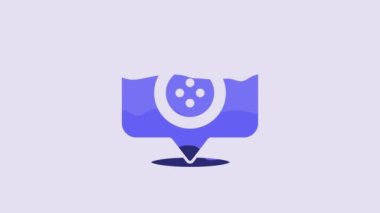 Blue Location tailor shop icon isolated on purple background. 4K Video motion graphic animation.