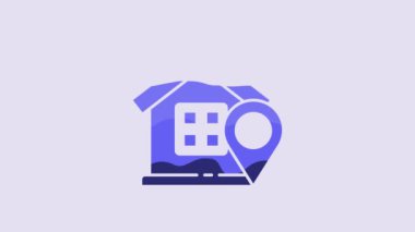 Blue Map pointer with house icon isolated on purple background. Home location marker symbol. 4K Video motion graphic animation.