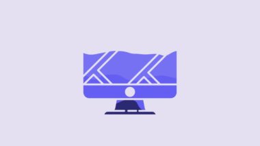 Blue Computer monitor and folded map with location marker icon isolated on purple background. 4K Video motion graphic animation.