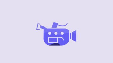 Blue Cinema camera icon isolated on purple background. Video camera. Movie sign. Film projector. 4K Video motion graphic animation.