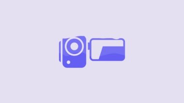 Blue Cinema camera icon isolated on purple background. Video camera. Movie sign. Film projector. 4K Video motion graphic animation.