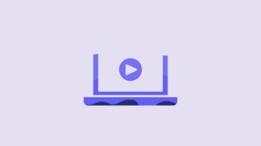 Blue Online play video icon isolated on purple background. Laptop and film strip with play sign. 4K Video motion graphic animation.