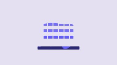 Blue Cinema auditorium with screen and seats icon isolated on purple background. 4K Video motion graphic animation.