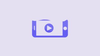 Blue Online play video icon isolated on purple background. Smartphone and film strip with play sign. 4K Video motion graphic animation.