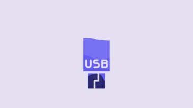 Blue USB flash drive icon isolated on purple background. 4K Video motion graphic animation.