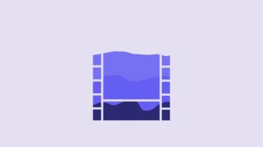 Blue Play Video icon isolated on purple background. Film strip sign. 4K Video motion graphic animation.