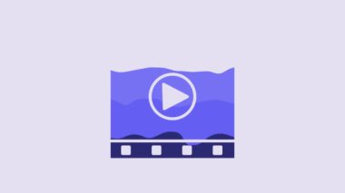 Blue Play Video icon isolated on purple background. Film strip sign. 4K Video motion graphic animation.
