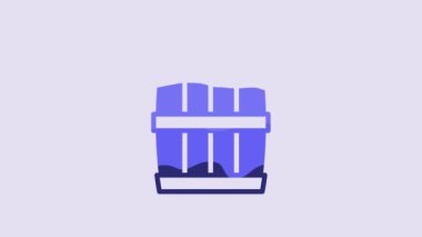 Blue Wooden barrel icon isolated on purple background. Alcohol barrel, drink container, wooden keg for beer, whiskey, wine. 4K Video motion graphic animation.