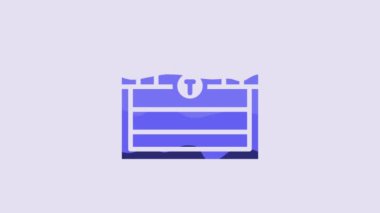 Blue Antique treasure chest icon isolated on purple background. Vintage wooden chest with golden coin. 4K Video motion graphic animation.