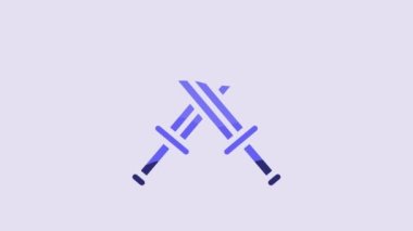 Blue Crossed medieval sword icon isolated on purple background. Medieval weapon. 4K Video motion graphic animation.