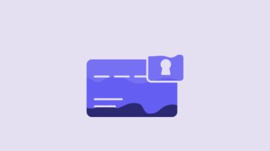 Blue Credit card with lock icon isolated on purple background. Locked bank card. Security, safety, protection. Concept of a safe payment. 4K Video motion graphic animation.