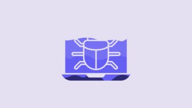 Blue System bug on monitor icon isolated on purple background. Code bug concept. Bug in the system. Bug searching. 4K Video motion graphic animation.