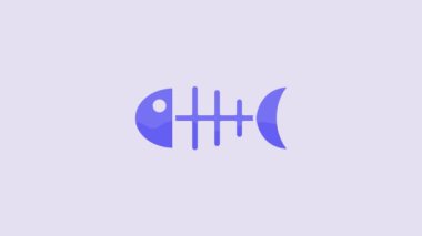 Blue Fish skeleton icon isolated on purple background. Fish bone sign. 4K Video motion graphic animation.