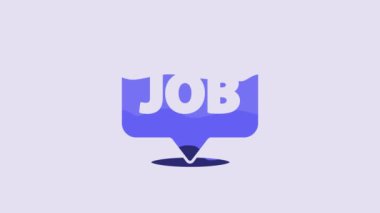 Blue Speech bubble with job icon isolated on purple background. Recruitment or selection concept. Search for employees and job. 4K Video motion graphic animation.