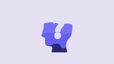 Blue Human head with question mark icon isolated on purple background. 4K Video motion graphic animation.