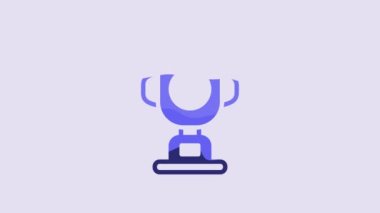 Blue Award cup icon isolated on purple background. Winner trophy symbol. Championship or competition trophy. Sports achievement sign. 4K Video motion graphic animation.