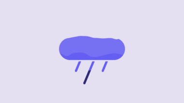 Blue Cloud with rain icon isolated on purple background. Rain cloud precipitation with rain drops. 4K Video motion graphic animation.