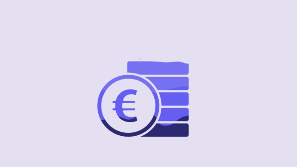 紫の背景に孤立ユーロ記号アイコンとブルーコインお金 銀行の通貨記号 現金記号 4Kビデオモーショングラフィックアニメーション — ストック動画