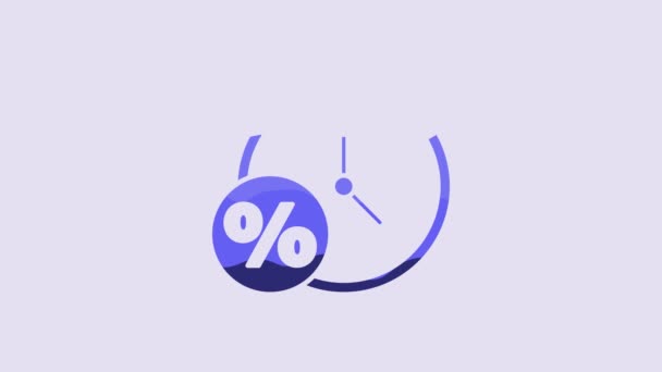 Blaue Uhr Und Prozentsymbol Isoliert Auf Violettem Hintergrund Video Motion — Stockvideo